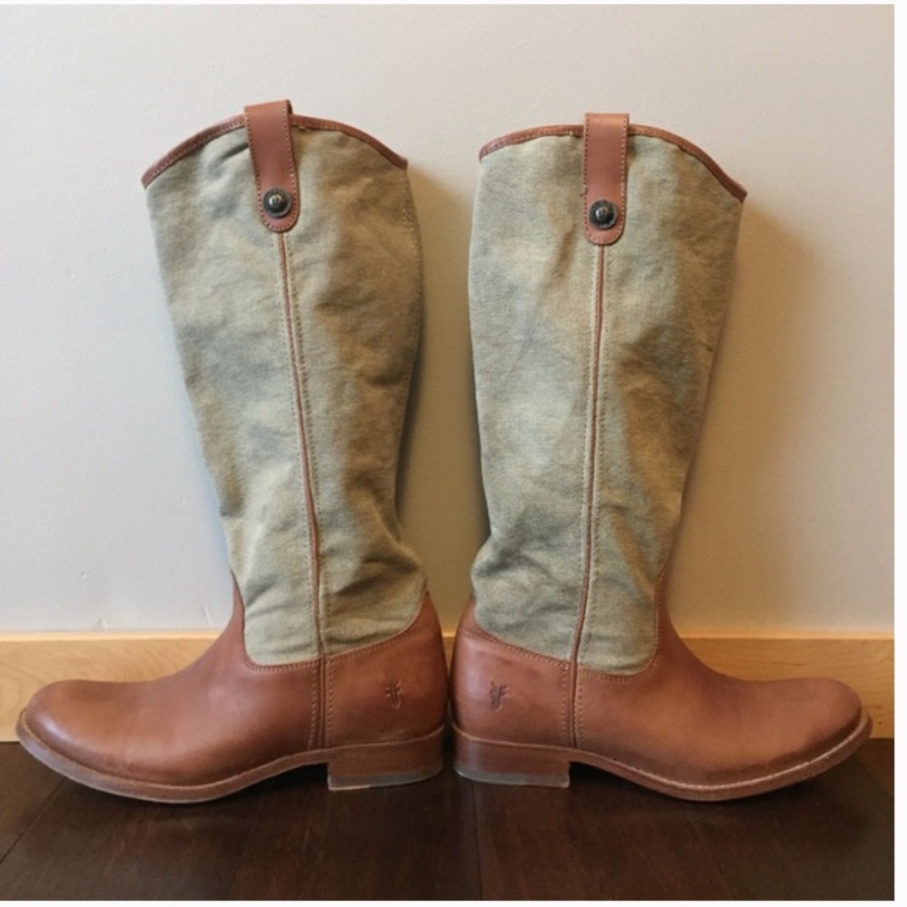 Frye Tall Brown Canvas and Leather Riding Boots Size 8.5
